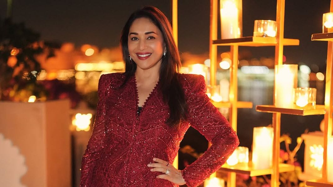 Madhuri Dixit Nene wore a red sharara set by Ritika Mirchandani embroidered with crystal bugles