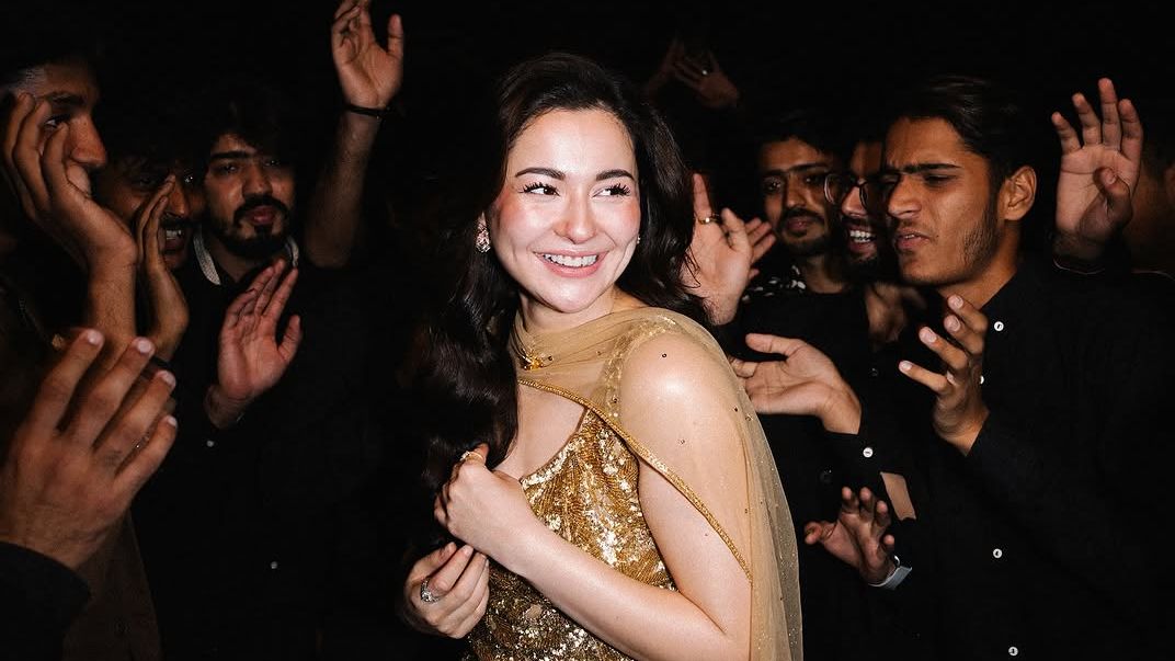 Pakistani actor Hania Aamir wore a gilded Rahul Mishra gown with a tulle dupatta