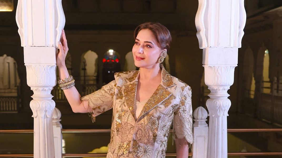 Madhuri Dixit Nene’s ivory Gazal Gupta drape skirt + blazer set took 450 hours to finish