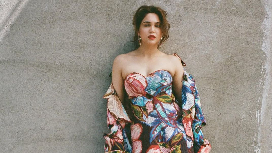 Sharvari’s floral dress by Saaksha & Kinni featured hand-embroidered cutwork and a sweetheart neckline
