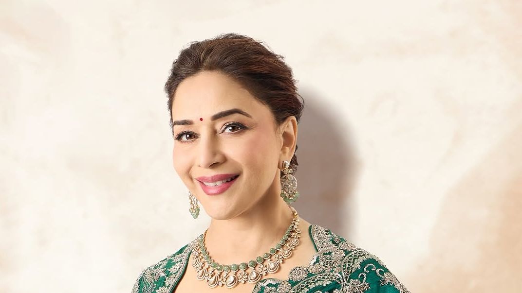 Madhuri Dixit Nene’s sari by Jayanti Reddy featured zardozi embroidery with floral and jaali motifs