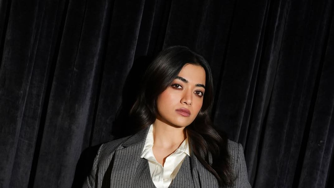 Rashmika Mandanna’s version of a power suit is a pinstriped grey number from Maje Paris
