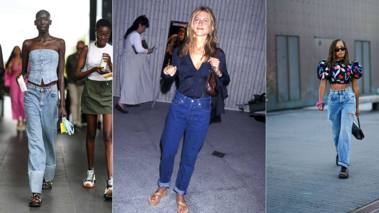 Cuffed jeans from the ’90s are coming back, and we’re styling them with platform sandals
