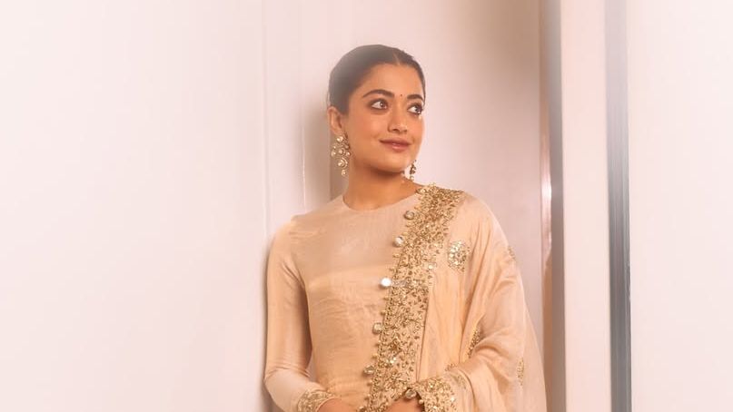 Rashmika Mandanna’s beige Arpita Mehta churidar set featured kasab and cutdana embroidery