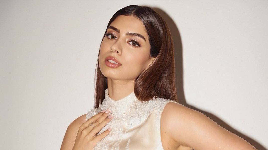 Khushi Kapoor chose a striped beaded gown by Gaurav Gupta with a subtle fishtail flare