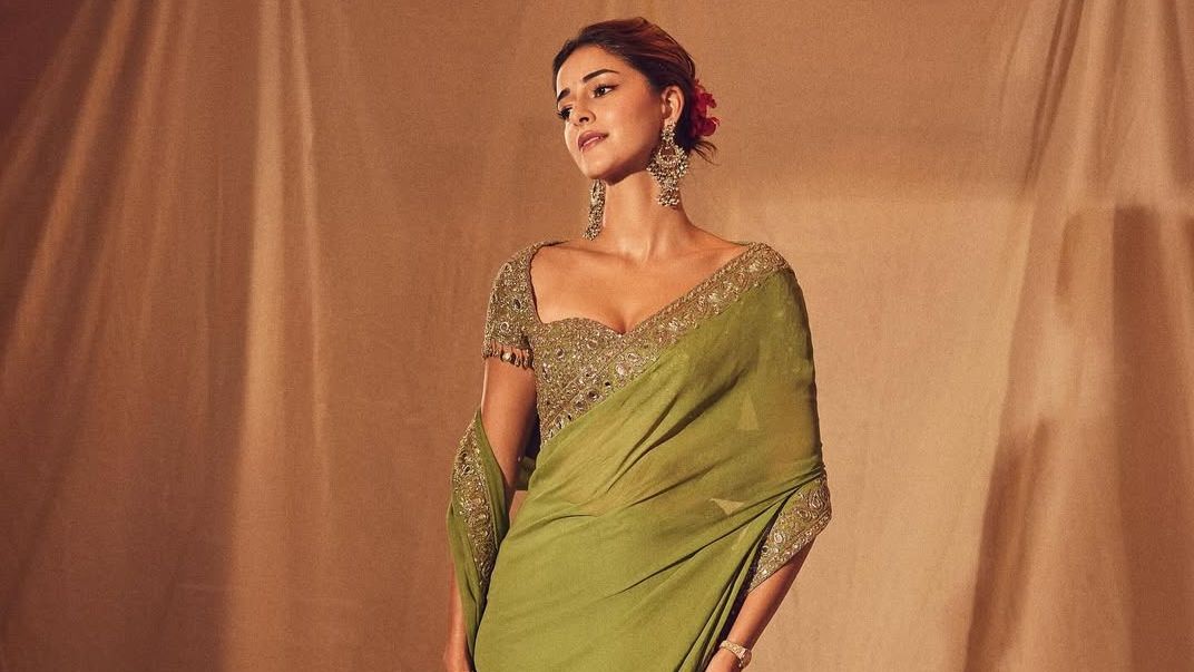 Ananya Panday’s olive sari pairs mirror-work with airy georgette
