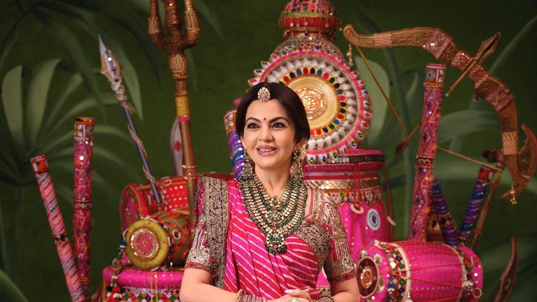 Nita Ambani’s Navratri look featured a nine-hue brocade lehenga with a leheriya drape