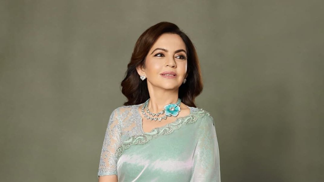 Nita Ambani’s jade-green Manish Malhotra sari finds its match in Paraíba tourmalines