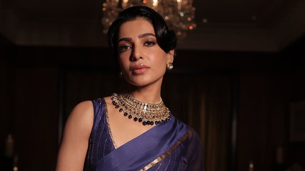 Samantha Ruth Prabhu pairs a translucent purple drape with a sharply cut zari-striped blouse