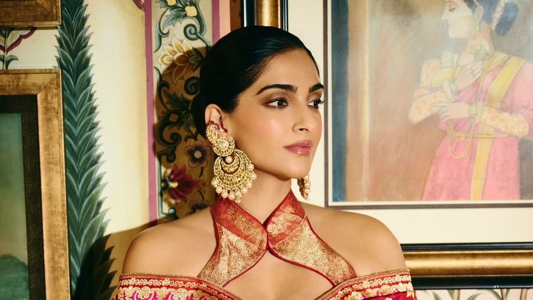 Sonam Kapoor’s Ekaya Banaras look reimagines the sari with an off-shoulder drape and knotted bodice