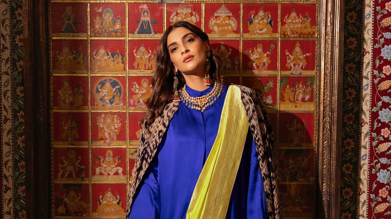 Sonam Kapoor brings vibrant colours to Diwali in a cobalt blue shirt and bright yellow Banarasi silk brocade sari