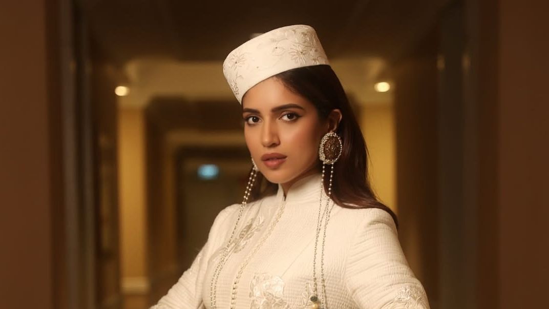 Bhumi Pednekar’s ivory Rohit Bal ensemble came with a structured jacket and pearl detailing