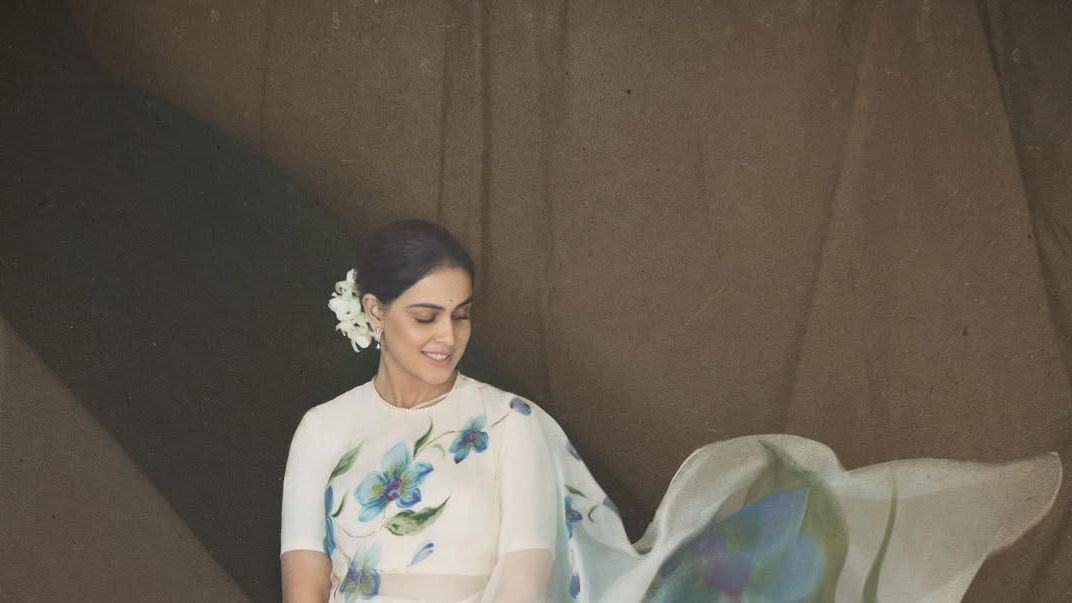 Genelia Deshmukh’s Picchika sari places painted orchids across an ivory base